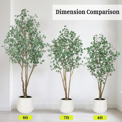 Artificial Eucalyptus Trees with White Planter, 8 FT Faux Eucalyptus Plants Indoor Tall Fake Floor Trees with Silk Leaves and Thick Trunk for Living Room Bedroom Corner Home Office Decoration