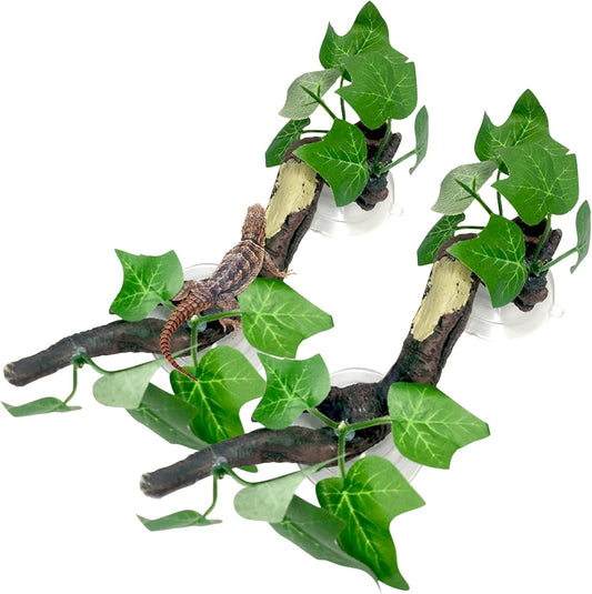 2 PCS Reptile Corner Branch, Resin Climb Tree Branch Decor with Leaves Tank Accessories Terrarium Plant Ornament with Suction Cup for Snake Lizard Bearded Dragons Gecko Climbing