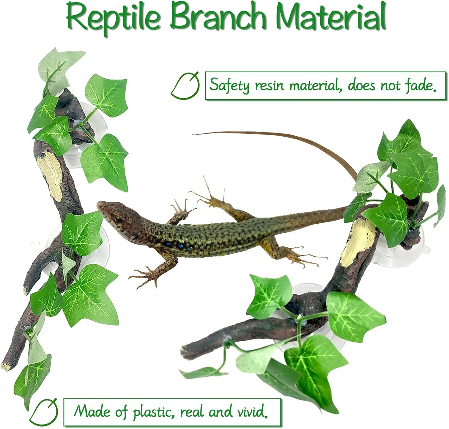 2 PCS Reptile Corner Branch, Resin Climb Tree Branch Decor with Leaves Tank Accessories Terrarium Plant Ornament with Suction Cup for Snake Lizard Bearded Dragons Gecko Climbing