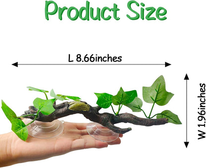 2 PCS Reptile Corner Branch, Resin Climb Tree Branch Decor with Leaves Tank Accessories Terrarium Plant Ornament with Suction Cup for Snake Lizard Bearded Dragons Gecko Climbing