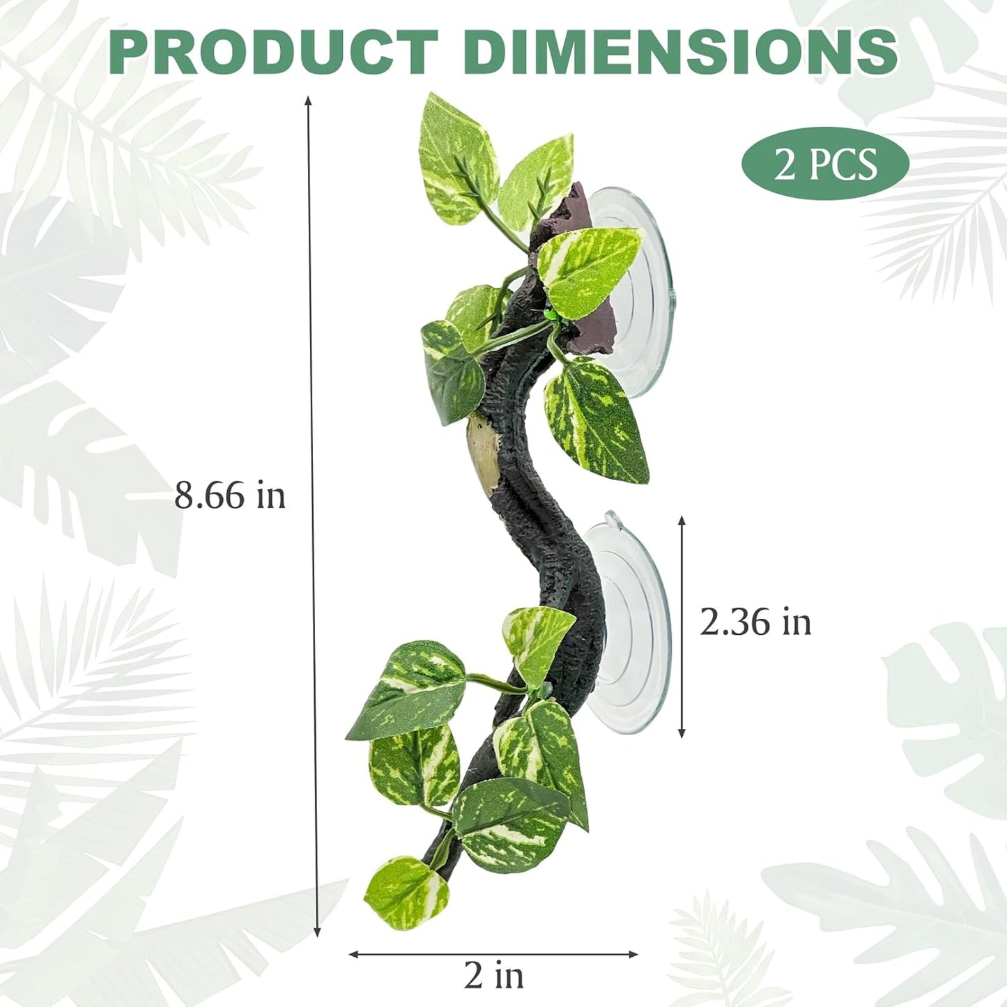 2 PCS Reptile Corner Branch, Resin Climb Tree Branch Decor with Leaves Tank Accessories Terrarium Plant Ornament with Suction Cup for Snake Lizard Bearded Dragons Gecko Climbing