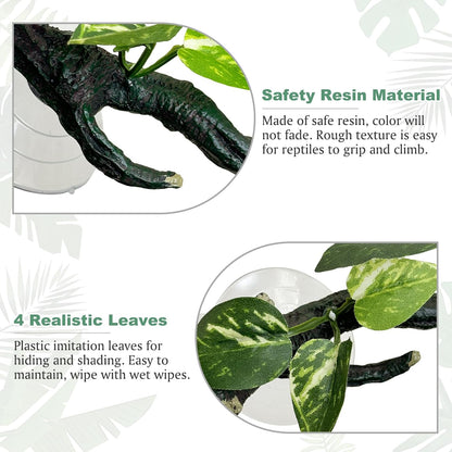 2 PCS Reptile Corner Branch, Resin Climb Tree Branch Decor with Leaves Tank Accessories Terrarium Plant Ornament with Suction Cup for Snake Lizard Bearded Dragons Gecko Climbing