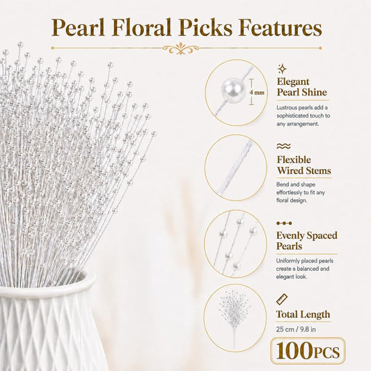 100 Pcs Floral Picks, White Pearl Sticks for Weddings, Christmas Tree Picks