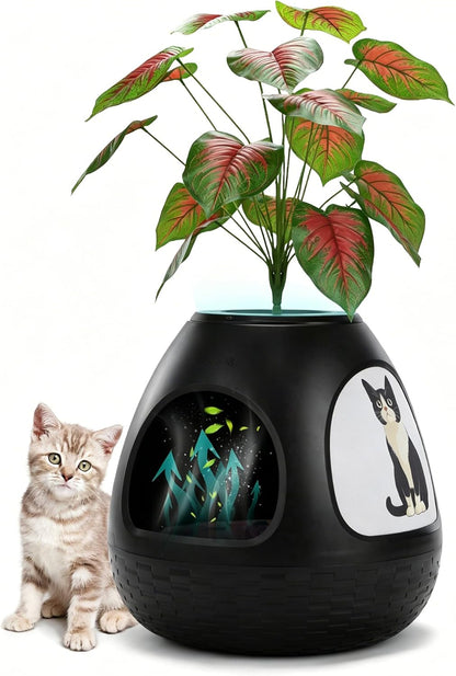 Eggloa6 Plant Litter Box, Hidden Cat Litter Box Enclosure, Odor Removal System, Replaceable Scratching Board, Scoop, Cat House with Cushion ＆ Heating Pad, Artificial Plants (Black)
