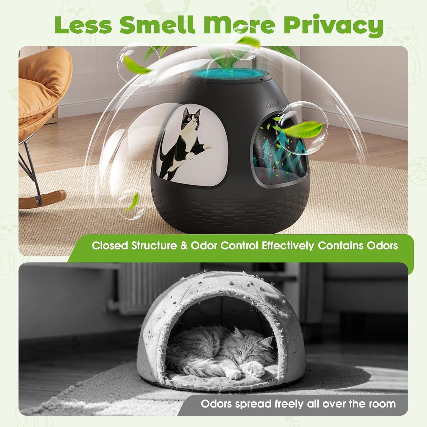 Eggloa6 Plant Litter Box, Hidden Cat Litter Box Enclosure, Odor Removal System, Replaceable Scratching Board, Scoop, Cat House with Cushion ＆ Heating Pad, Artificial Plants (Black)
