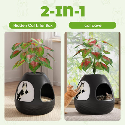 Eggloa6 Plant Litter Box, Hidden Cat Litter Box Enclosure, Odor Removal System, Replaceable Scratching Board, Scoop, Cat House with Cushion ＆ Heating Pad, Artificial Plants (Black)