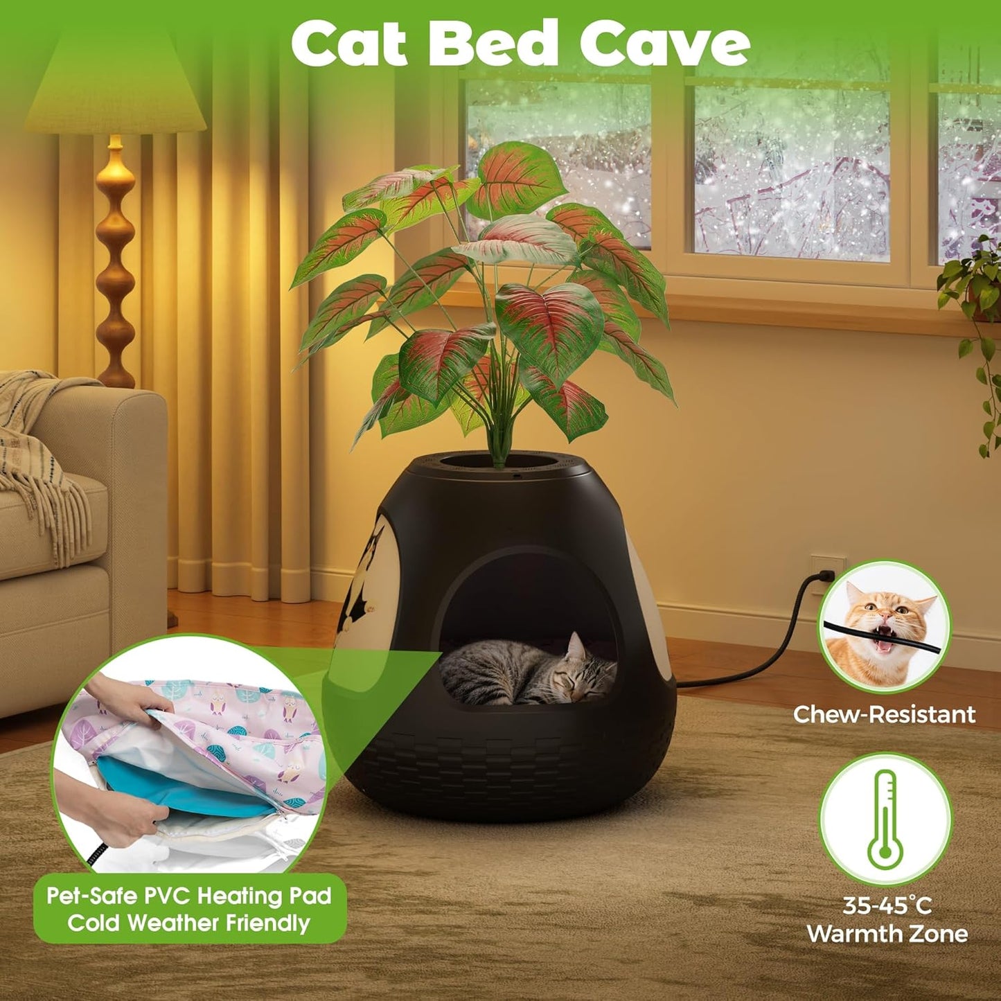 Eggloa6 Plant Litter Box, Hidden Cat Litter Box Enclosure, Odor Removal System, Replaceable Scratching Board, Scoop, Cat House with Cushion ＆ Heating Pad, Artificial Plants (Black)