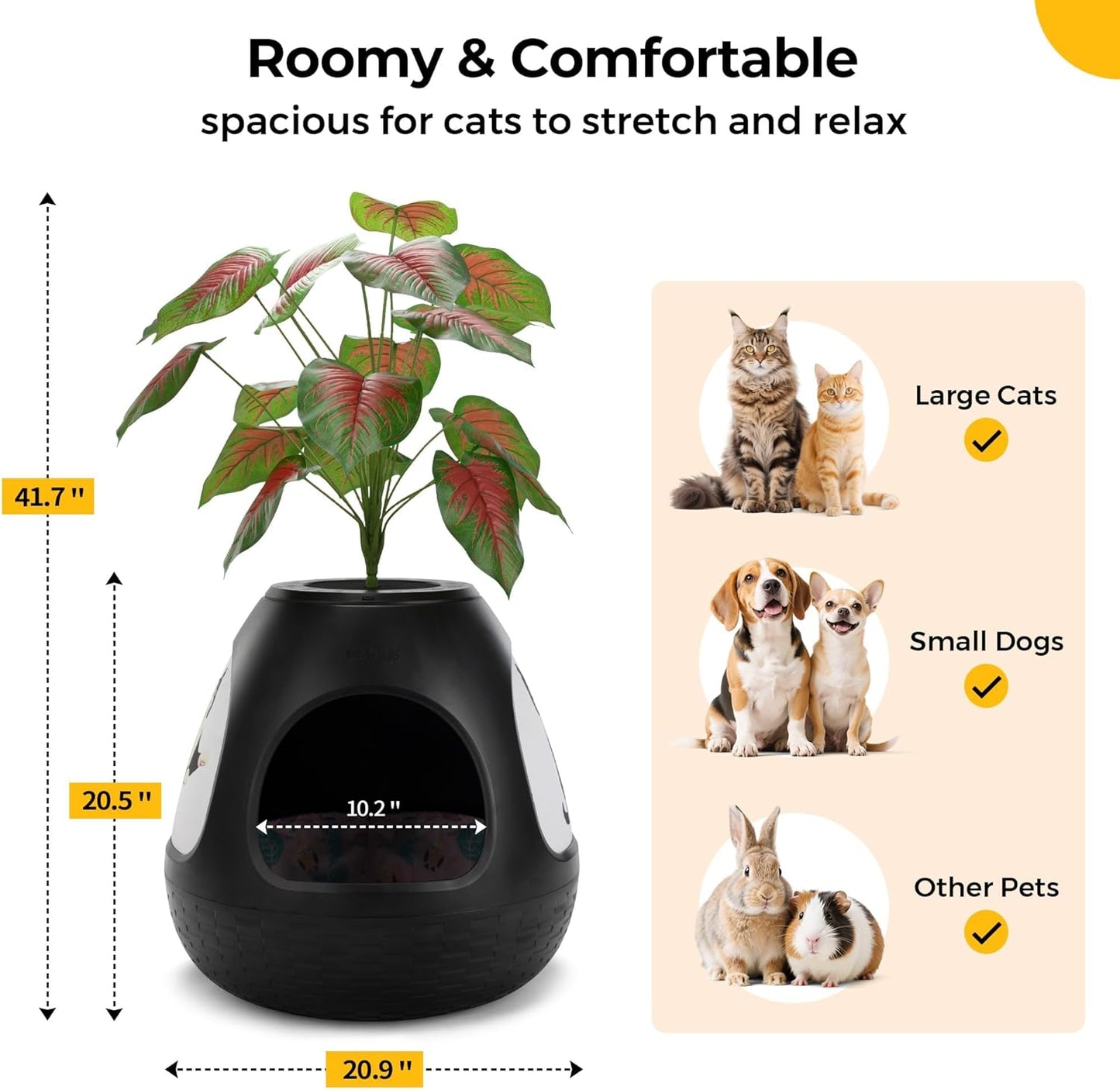 Eggloa6 Plant Litter Box, Hidden Cat Litter Box Enclosure, Odor Removal System, Replaceable Scratching Board, Scoop, Cat House with Cushion ＆ Heating Pad, Artificial Plants (Black)