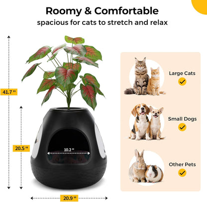 Eggloa6 Plant Litter Box, Hidden Cat Litter Box Enclosure, Odor Removal System, Replaceable Scratching Board, Scoop, Cat House with Cushion ＆ Heating Pad, Artificial Plants (Black)