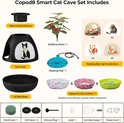 Eggloa6 Plant Litter Box, Hidden Cat Litter Box Enclosure, Odor Removal System, Replaceable Scratching Board, Scoop, Cat House with Cushion ＆ Heating Pad, Artificial Plants (Black)