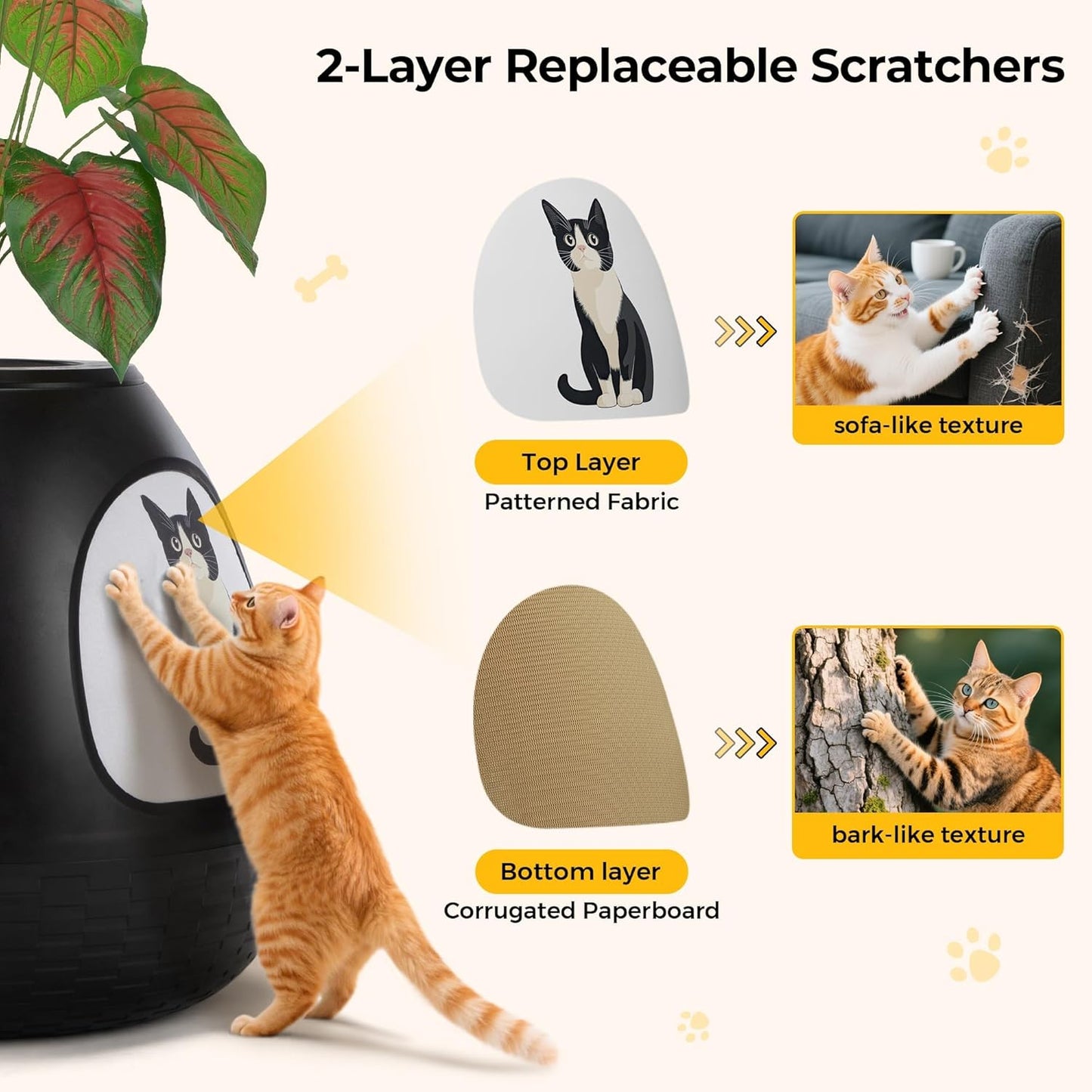 Eggloa6 Plant Litter Box, Hidden Cat Litter Box Enclosure, Odor Removal System, Replaceable Scratching Board, Scoop, Cat House with Cushion ＆ Heating Pad, Artificial Plants (Black)