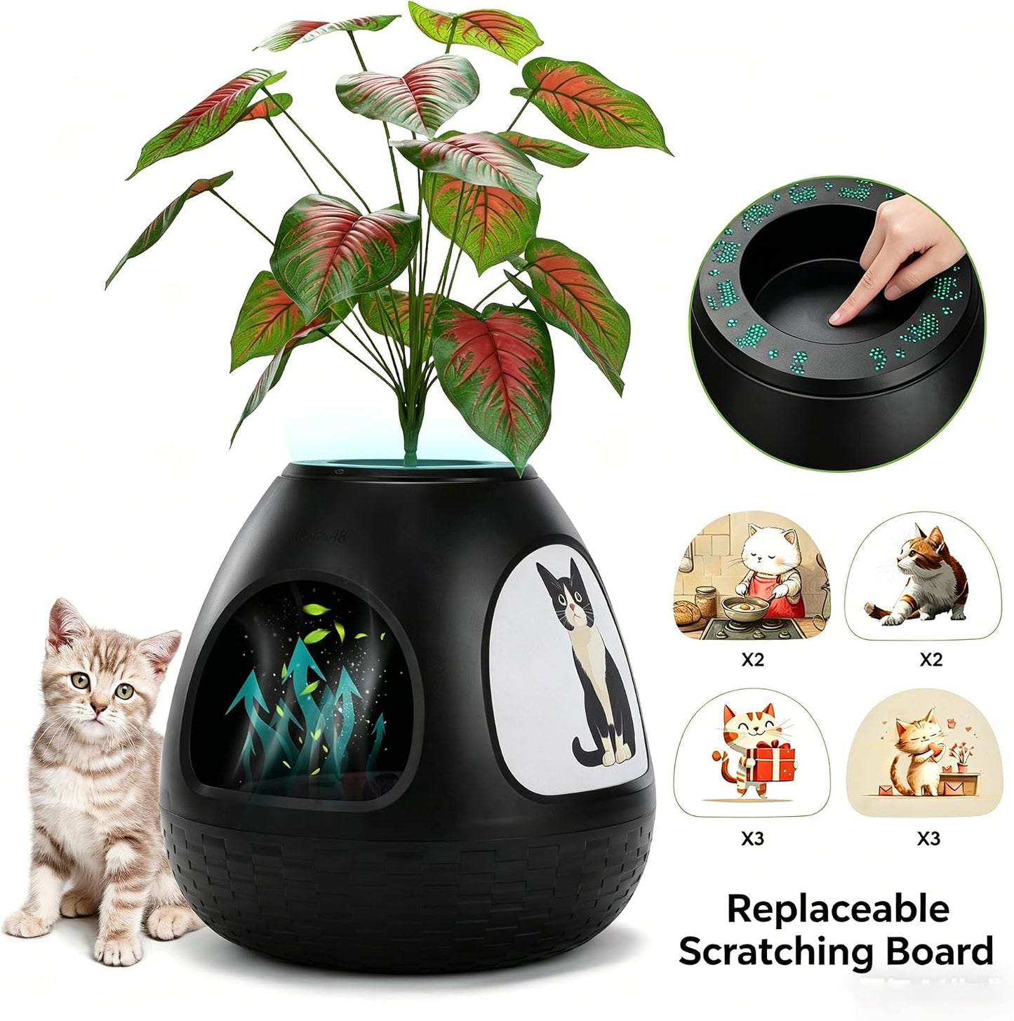 Eggloa6 Plant Litter Box, Hidden Cat Litter Box Enclosure, Odor Removal System, Replaceable Scratching Board, Scoop, Cat House with Cushion ＆ Heating Pad, Artificial Plants (Black)