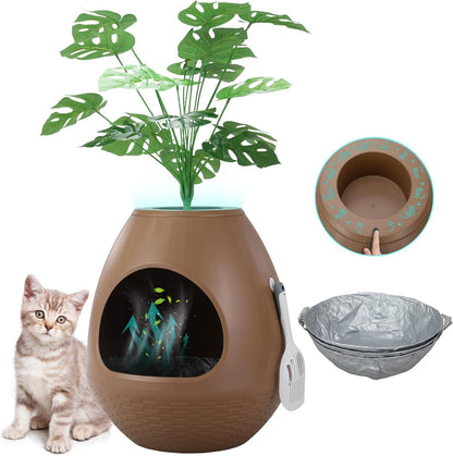 Eggloa6 Plant Litter Box, Hidden Cat Litter Box Enclosure, Odor Removal System, Replaceable Scratching Board, Scoop, Cat House with Cushion ＆ Heating Pad, Artificial Plants (Black)