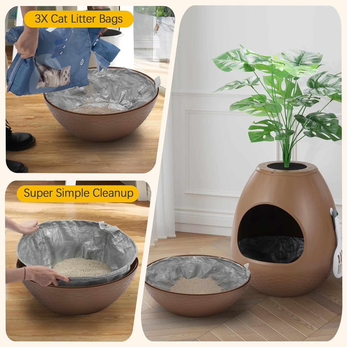 Eggloa6 Plant Litter Box, Hidden Cat Litter Box Enclosure, Odor Removal System, Replaceable Scratching Board, Scoop, Cat House with Cushion ＆ Heating Pad, Artificial Plants (Black)