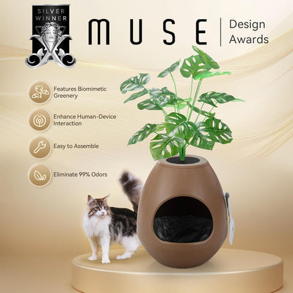 Eggloa6 Plant Litter Box, Hidden Cat Litter Box Enclosure, Odor Removal System, Replaceable Scratching Board, Scoop, Cat House with Cushion ＆ Heating Pad, Artificial Plants (Black)