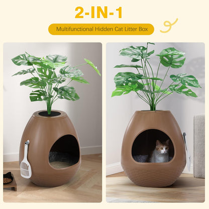 Eggloa6 Plant Litter Box, Hidden Cat Litter Box Enclosure, Odor Removal System, Replaceable Scratching Board, Scoop, Cat House with Cushion ＆ Heating Pad, Artificial Plants (Black)
