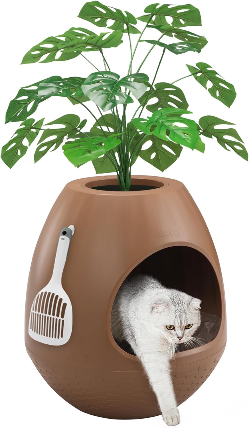 Eggloa6 Plant Litter Box, Hidden Cat Litter Box Enclosure, Odor Removal System, Replaceable Scratching Board, Scoop, Cat House with Cushion ＆ Heating Pad, Artificial Plants (Black)