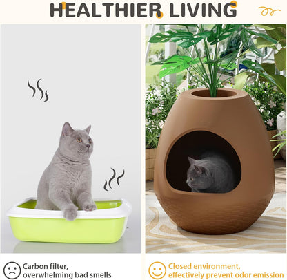 Eggloa6 Plant Litter Box, Hidden Cat Litter Box Enclosure, Odor Removal System, Replaceable Scratching Board, Scoop, Cat House with Cushion ＆ Heating Pad, Artificial Plants (Black)