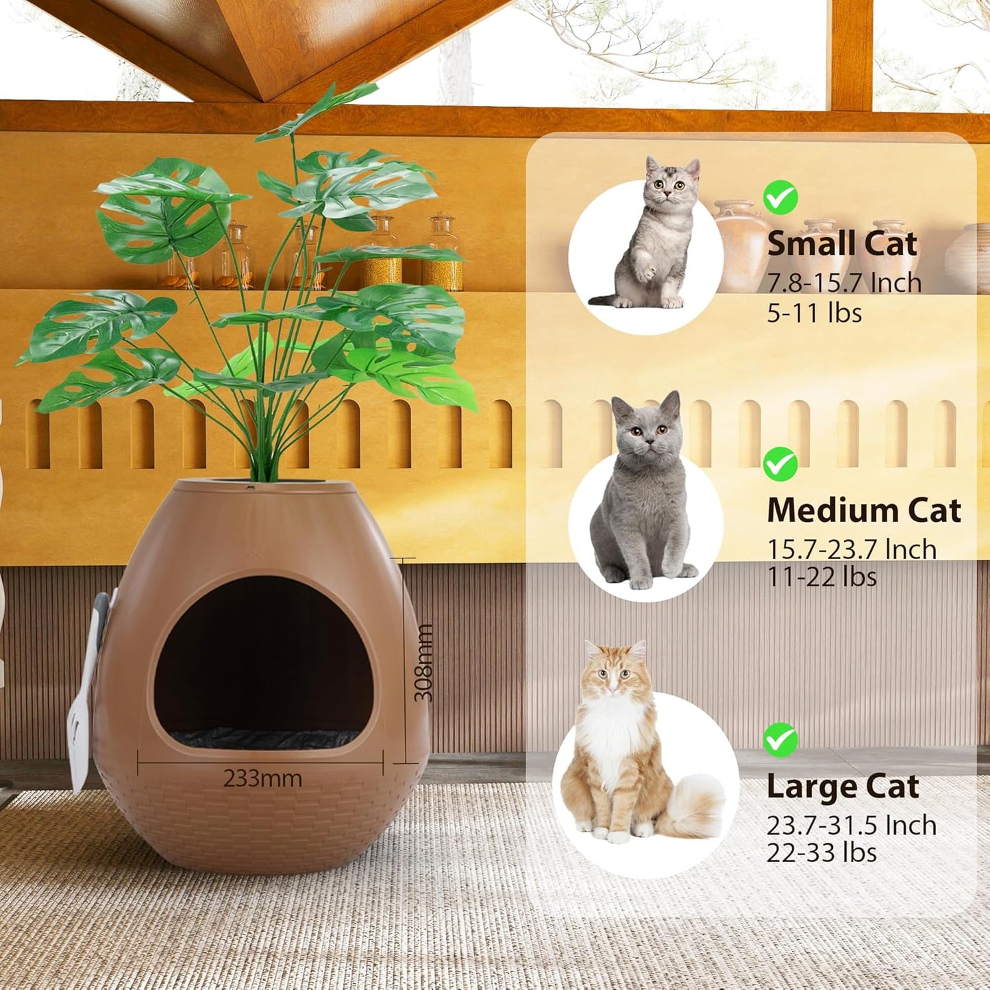 Eggloa6 Plant Litter Box, Hidden Cat Litter Box Enclosure, Odor Removal System, Replaceable Scratching Board, Scoop, Cat House with Cushion ＆ Heating Pad, Artificial Plants (Black)