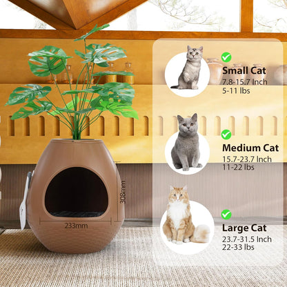 Eggloa6 Plant Litter Box, Hidden Cat Litter Box Enclosure, Odor Removal System, Replaceable Scratching Board, Scoop, Cat House with Cushion ＆ Heating Pad, Artificial Plants (Black)