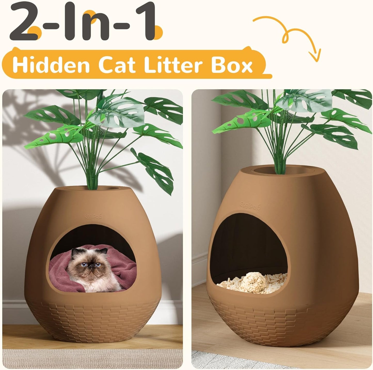 Eggloa6 Plant Litter Box, Hidden Cat Litter Box Enclosure, Odor Removal System, Replaceable Scratching Board, Scoop, Cat House with Cushion ＆ Heating Pad, Artificial Plants (Black)