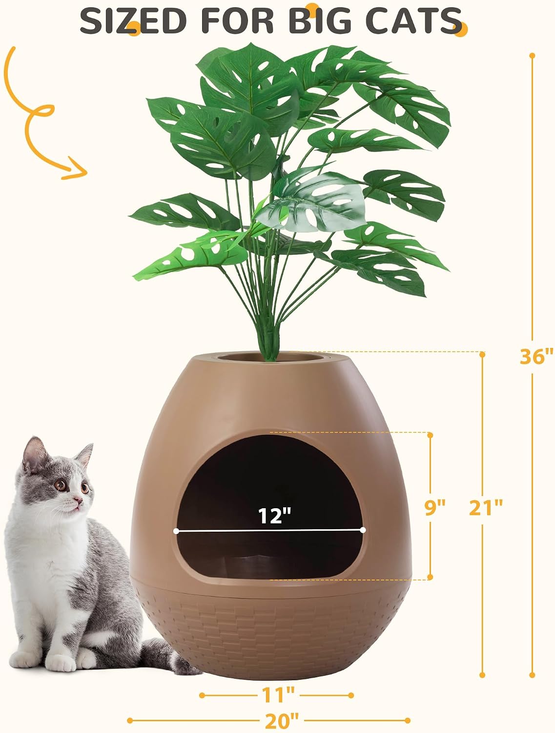 Eggloa6 Plant Litter Box, Hidden Cat Litter Box Enclosure, Odor Removal System, Replaceable Scratching Board, Scoop, Cat House with Cushion ＆ Heating Pad, Artificial Plants (Black)