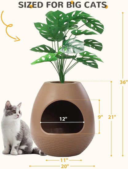 Eggloa6 Plant Litter Box, Hidden Cat Litter Box Enclosure, Odor Removal System, Replaceable Scratching Board, Scoop, Cat House with Cushion ＆ Heating Pad, Artificial Plants (Black)