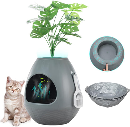 Eggloa6 Plant Litter Box, Hidden Cat Litter Box Enclosure, Odor Removal System, Replaceable Scratching Board, Scoop, Cat House with Cushion ＆ Heating Pad, Artificial Plants (Black)