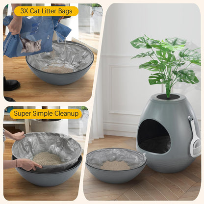 Eggloa6 Plant Litter Box, Hidden Cat Litter Box Enclosure, Odor Removal System, Replaceable Scratching Board, Scoop, Cat House with Cushion ＆ Heating Pad, Artificial Plants (Black)