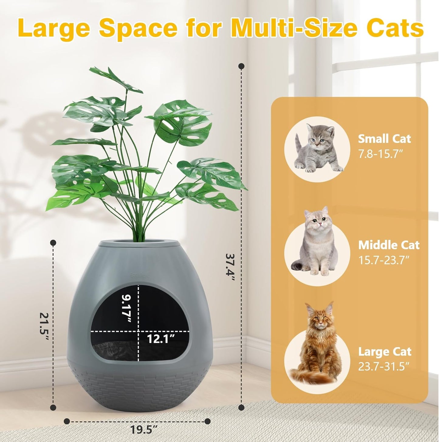Eggloa6 Plant Litter Box, Hidden Cat Litter Box Enclosure, Odor Removal System, Replaceable Scratching Board, Scoop, Cat House with Cushion ＆ Heating Pad, Artificial Plants (Black)