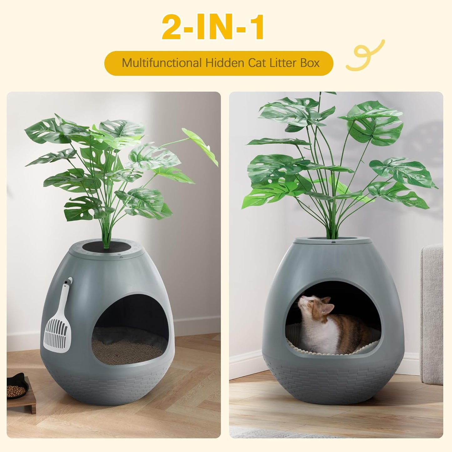 Eggloa6 Plant Litter Box, Hidden Cat Litter Box Enclosure, Odor Removal System, Replaceable Scratching Board, Scoop, Cat House with Cushion ＆ Heating Pad, Artificial Plants (Black)