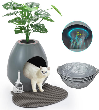 Eggloa6 Plant Litter Box, Hidden Cat Litter Box Enclosure, Odor Removal System, Replaceable Scratching Board, Scoop, Cat House with Cushion ＆ Heating Pad, Artificial Plants (Black)