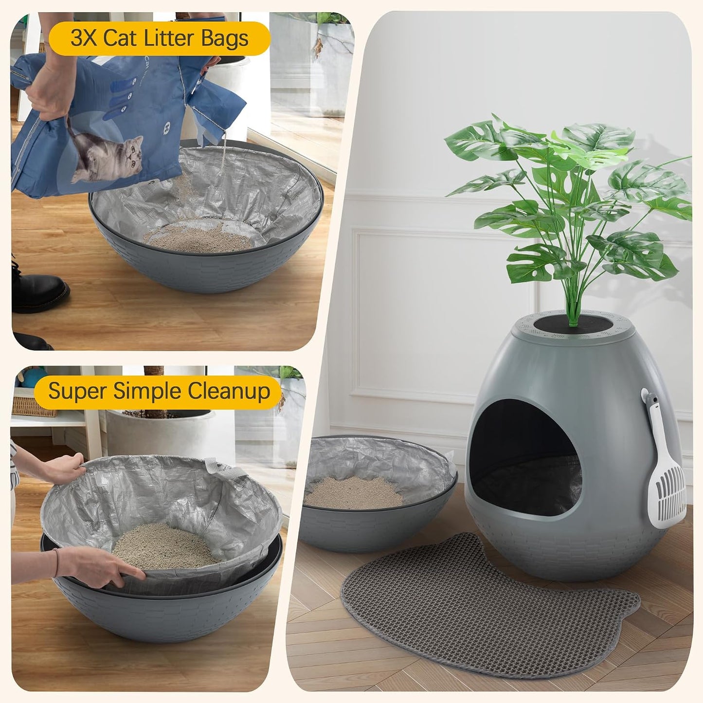 Eggloa6 Plant Litter Box, Hidden Cat Litter Box Enclosure, Odor Removal System, Replaceable Scratching Board, Scoop, Cat House with Cushion ＆ Heating Pad, Artificial Plants (Black)