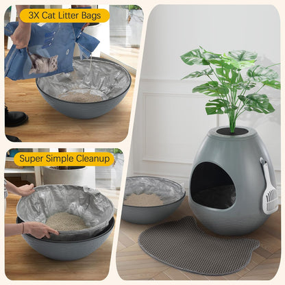 Eggloa6 Plant Litter Box, Hidden Cat Litter Box Enclosure, Odor Removal System, Replaceable Scratching Board, Scoop, Cat House with Cushion ＆ Heating Pad, Artificial Plants (Black)