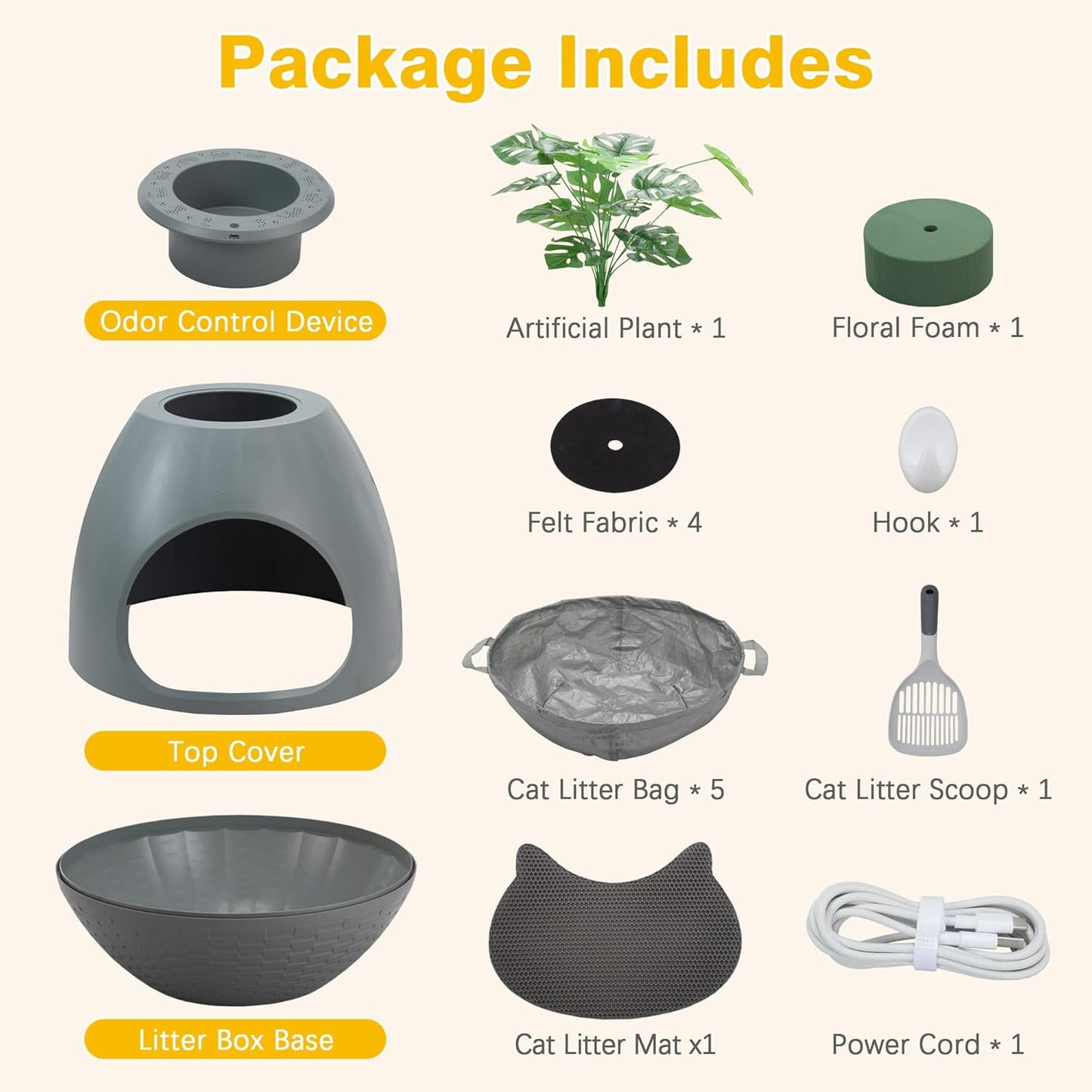 Eggloa6 Plant Litter Box, Hidden Cat Litter Box Enclosure, Odor Removal System, Replaceable Scratching Board, Scoop, Cat House with Cushion ＆ Heating Pad, Artificial Plants (Black)