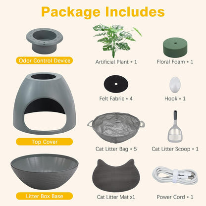 Eggloa6 Plant Litter Box, Hidden Cat Litter Box Enclosure, Odor Removal System, Replaceable Scratching Board, Scoop, Cat House with Cushion ＆ Heating Pad, Artificial Plants (Black)