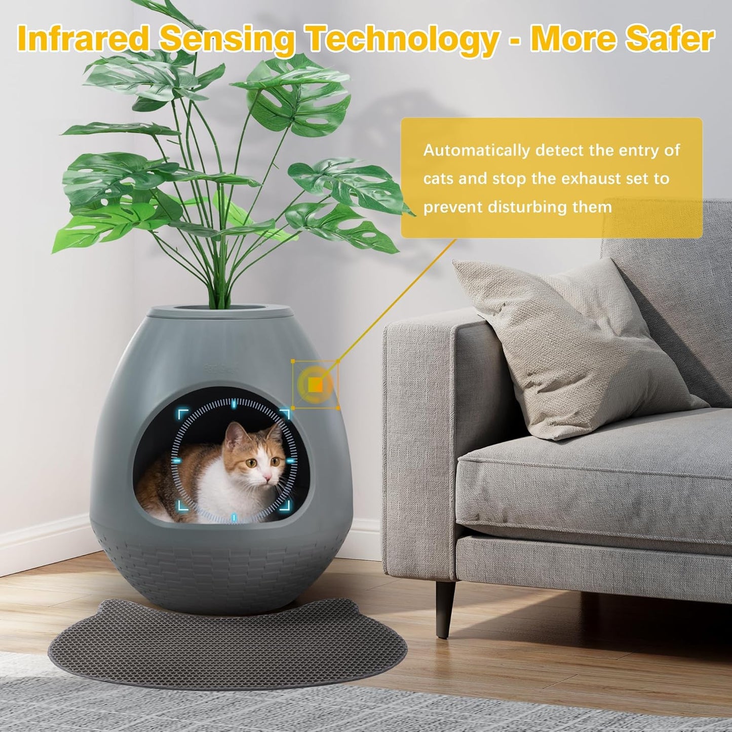 Eggloa6 Plant Litter Box, Hidden Cat Litter Box Enclosure, Odor Removal System, Replaceable Scratching Board, Scoop, Cat House with Cushion ＆ Heating Pad, Artificial Plants (Black)