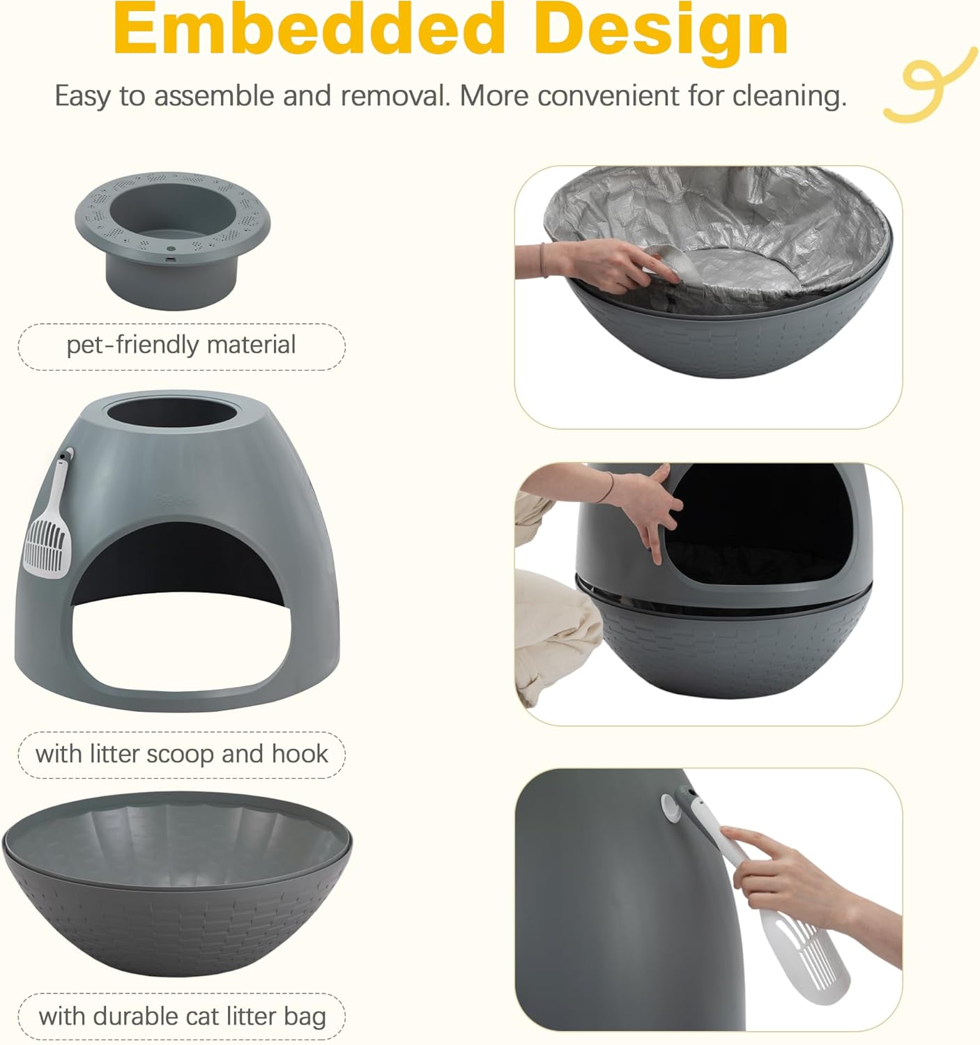 Eggloa6 Plant Litter Box, Hidden Cat Litter Box Enclosure, Odor Removal System, Replaceable Scratching Board, Scoop, Cat House with Cushion ＆ Heating Pad, Artificial Plants (Black)