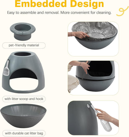 Eggloa6 Plant Litter Box, Hidden Cat Litter Box Enclosure, Odor Removal System, Replaceable Scratching Board, Scoop, Cat House with Cushion ＆ Heating Pad, Artificial Plants (Black)