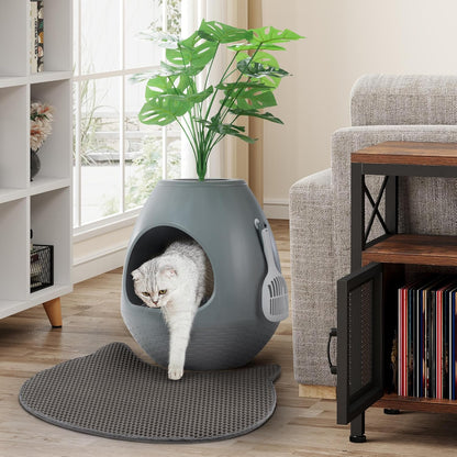 Eggloa6 Plant Litter Box, Hidden Cat Litter Box Enclosure, Odor Removal System, Replaceable Scratching Board, Scoop, Cat House with Cushion ＆ Heating Pad, Artificial Plants (Black)