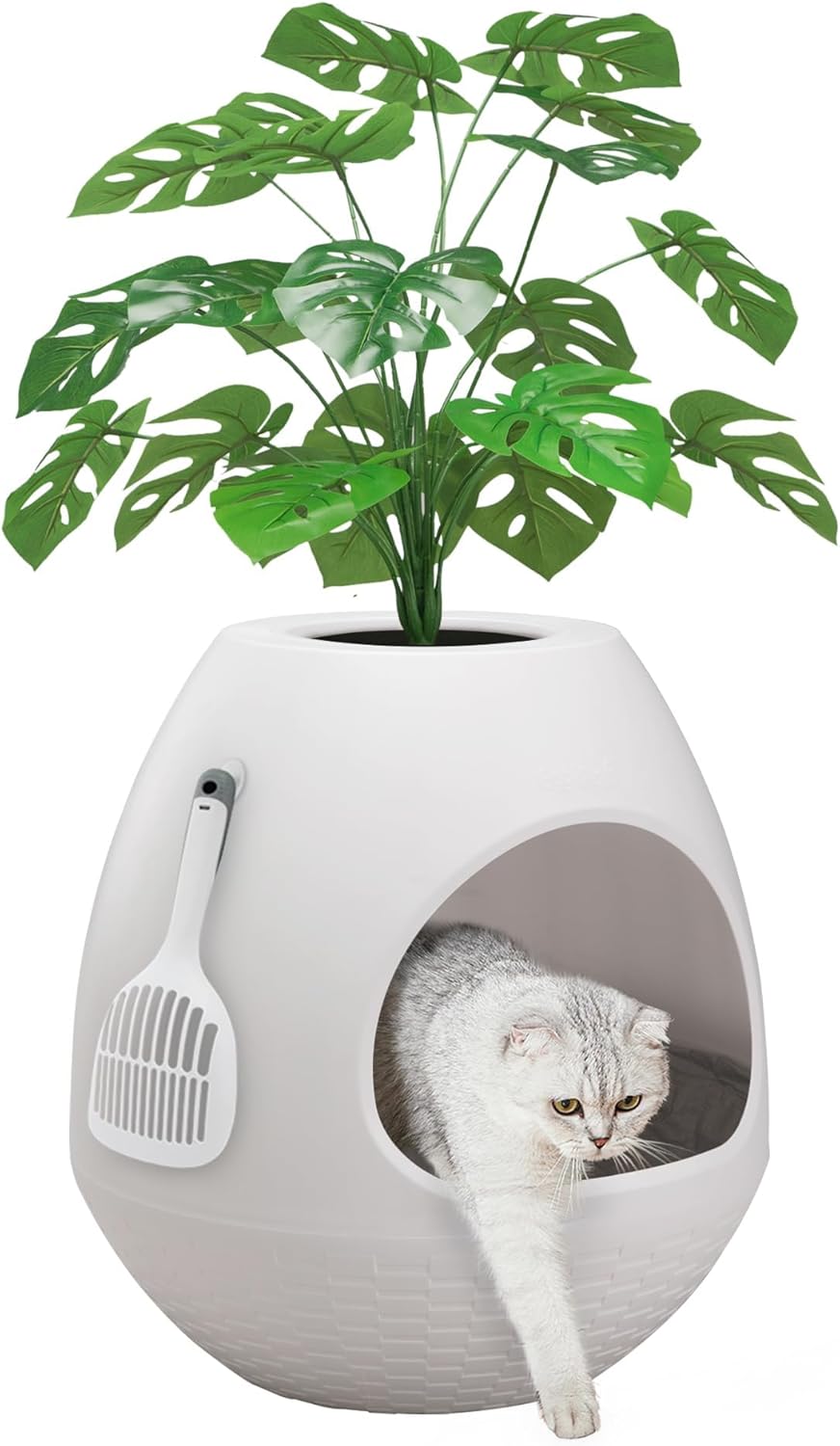 Eggloa6 Plant Litter Box, Hidden Cat Litter Box Enclosure, Odor Removal System, Replaceable Scratching Board, Scoop, Cat House with Cushion ＆ Heating Pad, Artificial Plants (Black)
