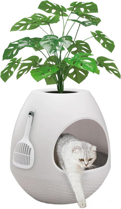 Eggloa6 Plant Litter Box, Hidden Cat Litter Box Enclosure, Odor Removal System, Replaceable Scratching Board, Scoop, Cat House with Cushion ＆ Heating Pad, Artificial Plants (Black)