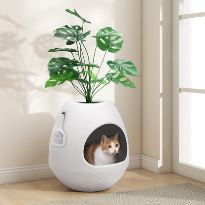 Eggloa6 Plant Litter Box, Hidden Cat Litter Box Enclosure, Odor Removal System, Replaceable Scratching Board, Scoop, Cat House with Cushion ＆ Heating Pad, Artificial Plants (Black)