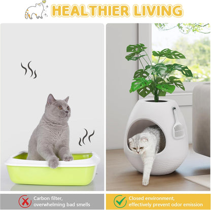 Eggloa6 Plant Litter Box, Hidden Cat Litter Box Enclosure, Odor Removal System, Replaceable Scratching Board, Scoop, Cat House with Cushion ＆ Heating Pad, Artificial Plants (Black)