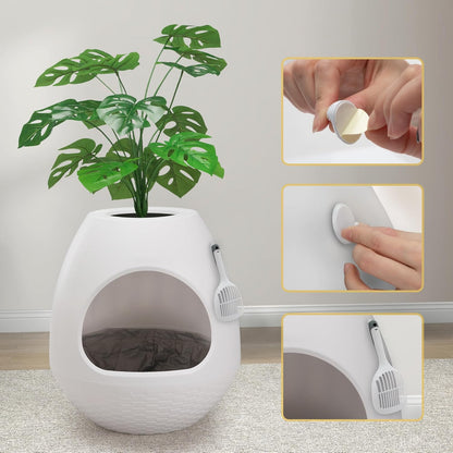 Eggloa6 Plant Litter Box, Hidden Cat Litter Box Enclosure, Odor Removal System, Replaceable Scratching Board, Scoop, Cat House with Cushion ＆ Heating Pad, Artificial Plants (Black)