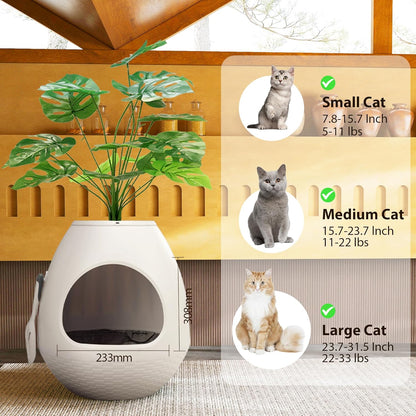 Eggloa6 Plant Litter Box, Hidden Cat Litter Box Enclosure, Odor Removal System, Replaceable Scratching Board, Scoop, Cat House with Cushion ＆ Heating Pad, Artificial Plants (Black)