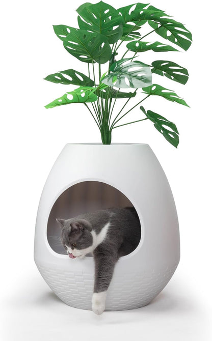Eggloa6 Plant Litter Box, Hidden Cat Litter Box Enclosure, Odor Removal System, Replaceable Scratching Board, Scoop, Cat House with Cushion ＆ Heating Pad, Artificial Plants (Black)