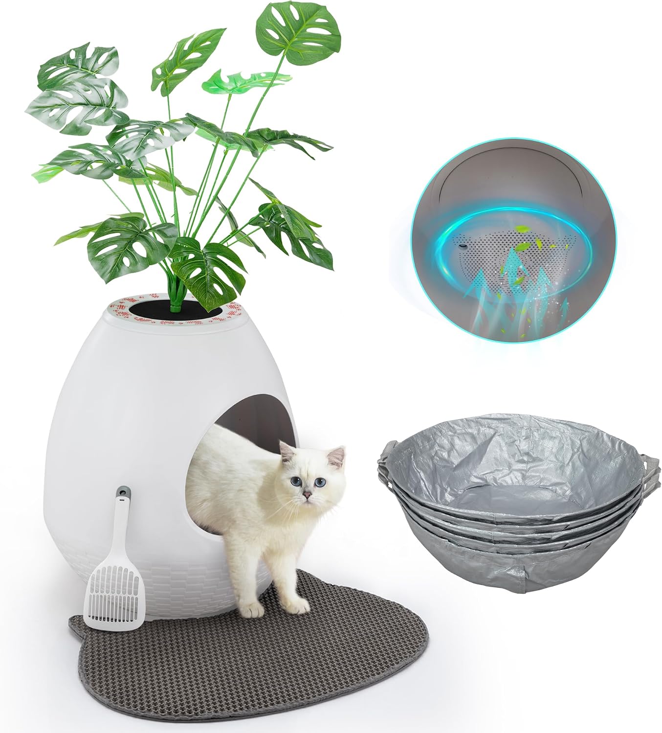 Eggloa6 Plant Litter Box, Hidden Cat Litter Box Enclosure, Odor Removal System, Replaceable Scratching Board, Scoop, Cat House with Cushion ＆ Heating Pad, Artificial Plants (Black)