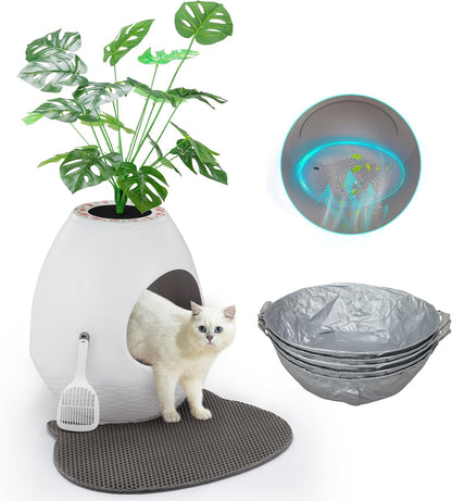 Eggloa6 Plant Litter Box, Hidden Cat Litter Box Enclosure, Odor Removal System, Replaceable Scratching Board, Scoop, Cat House with Cushion ＆ Heating Pad, Artificial Plants (Black)
