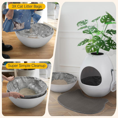 Eggloa6 Plant Litter Box, Hidden Cat Litter Box Enclosure, Odor Removal System, Replaceable Scratching Board, Scoop, Cat House with Cushion ＆ Heating Pad, Artificial Plants (Black)